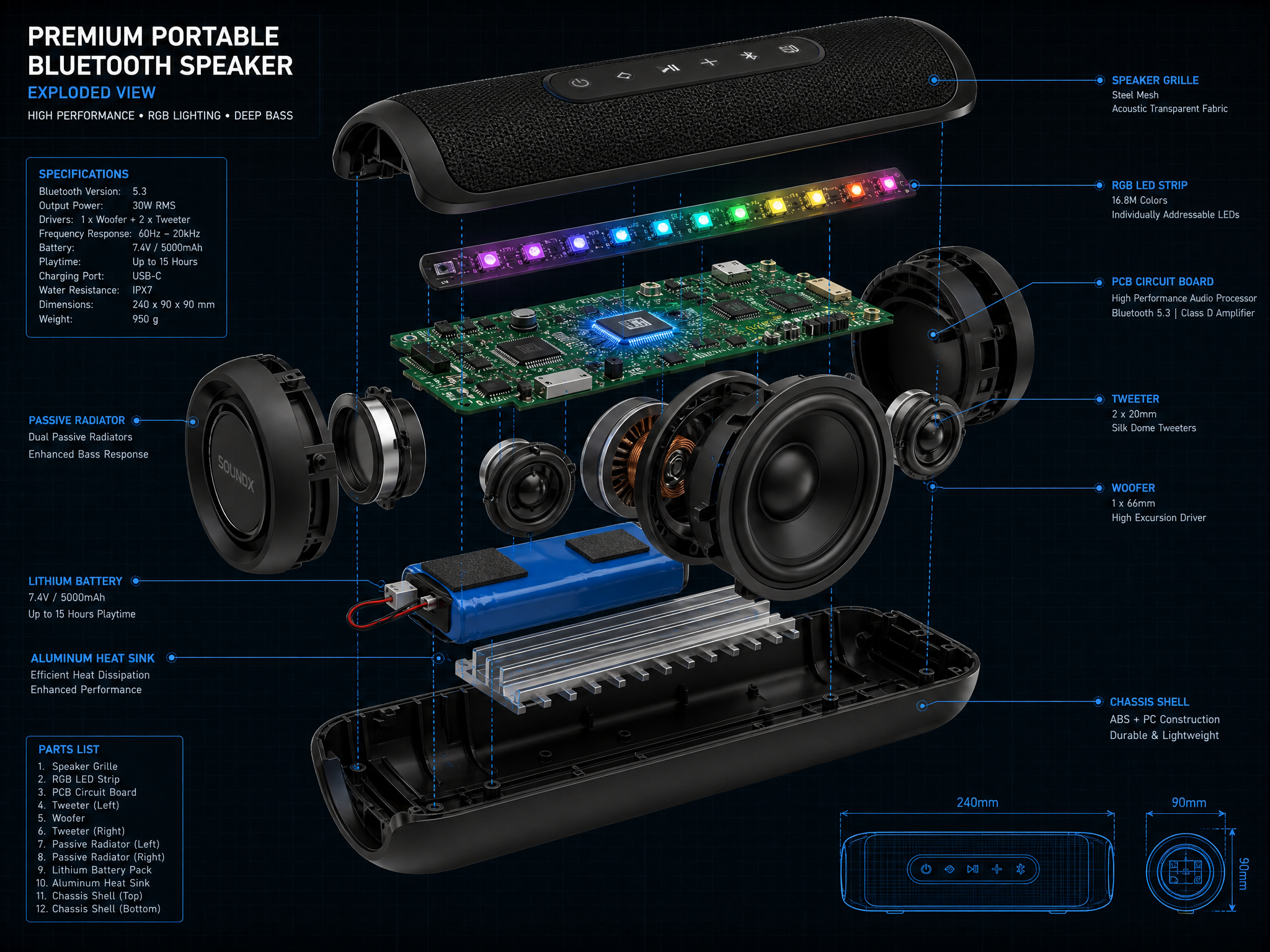 Exploded assembly view of the speaker