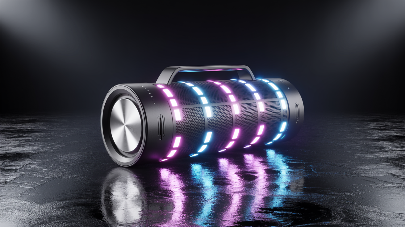 Flash Dance stroboscopic speaker glowing with blue and pink LED arrays