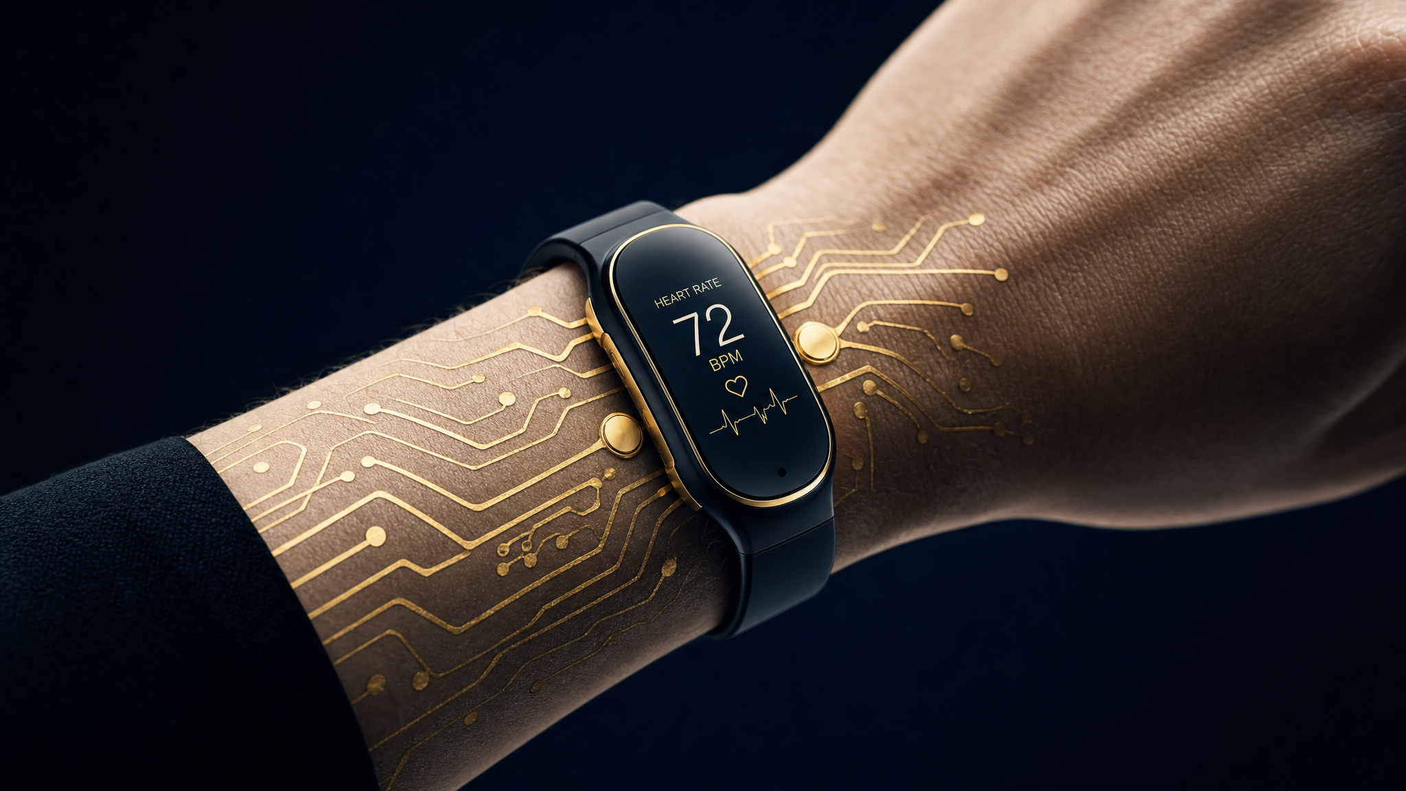 GoldSkin smart bracelet with gold contact pads and AMOLED display
