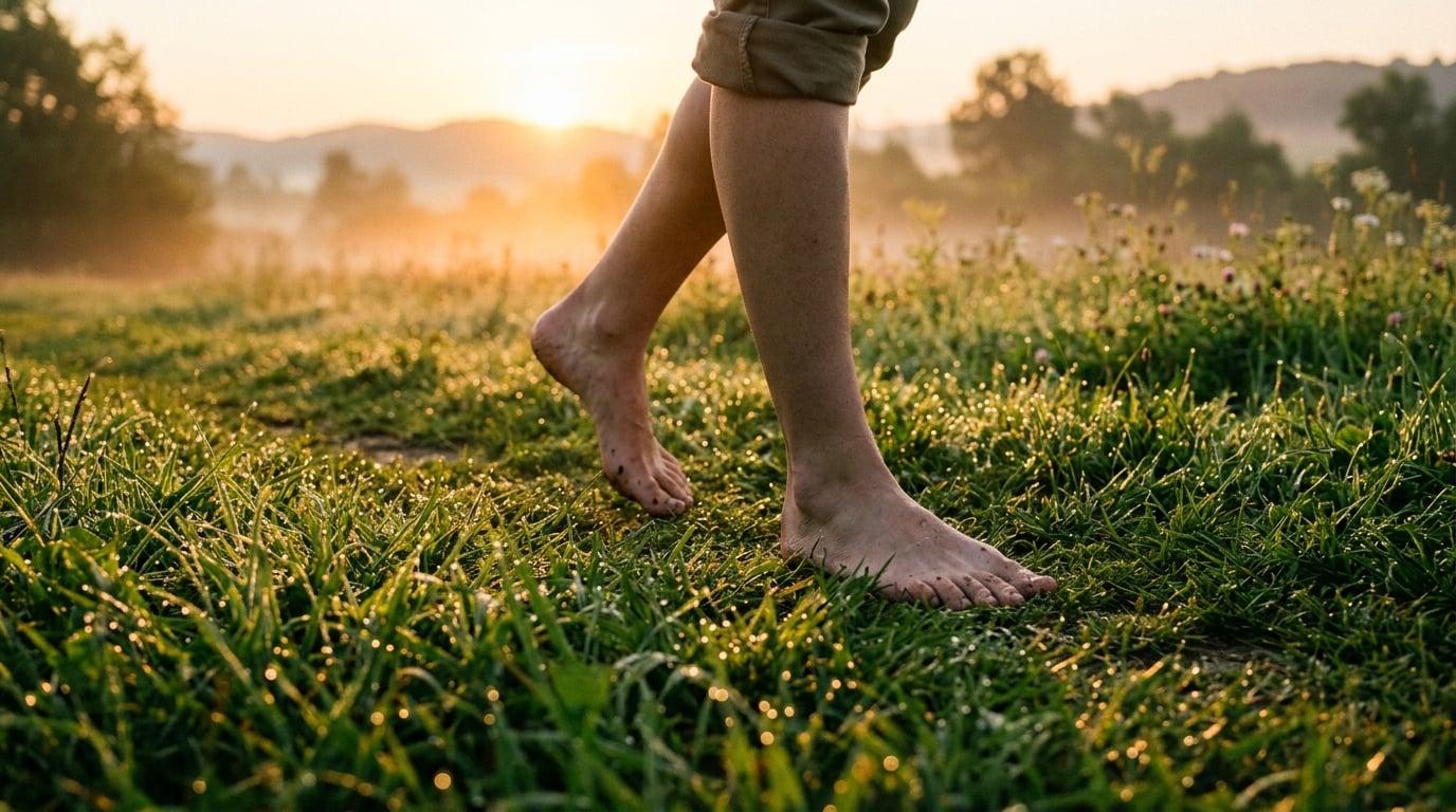 Bare feet walking through damp grass at dawn