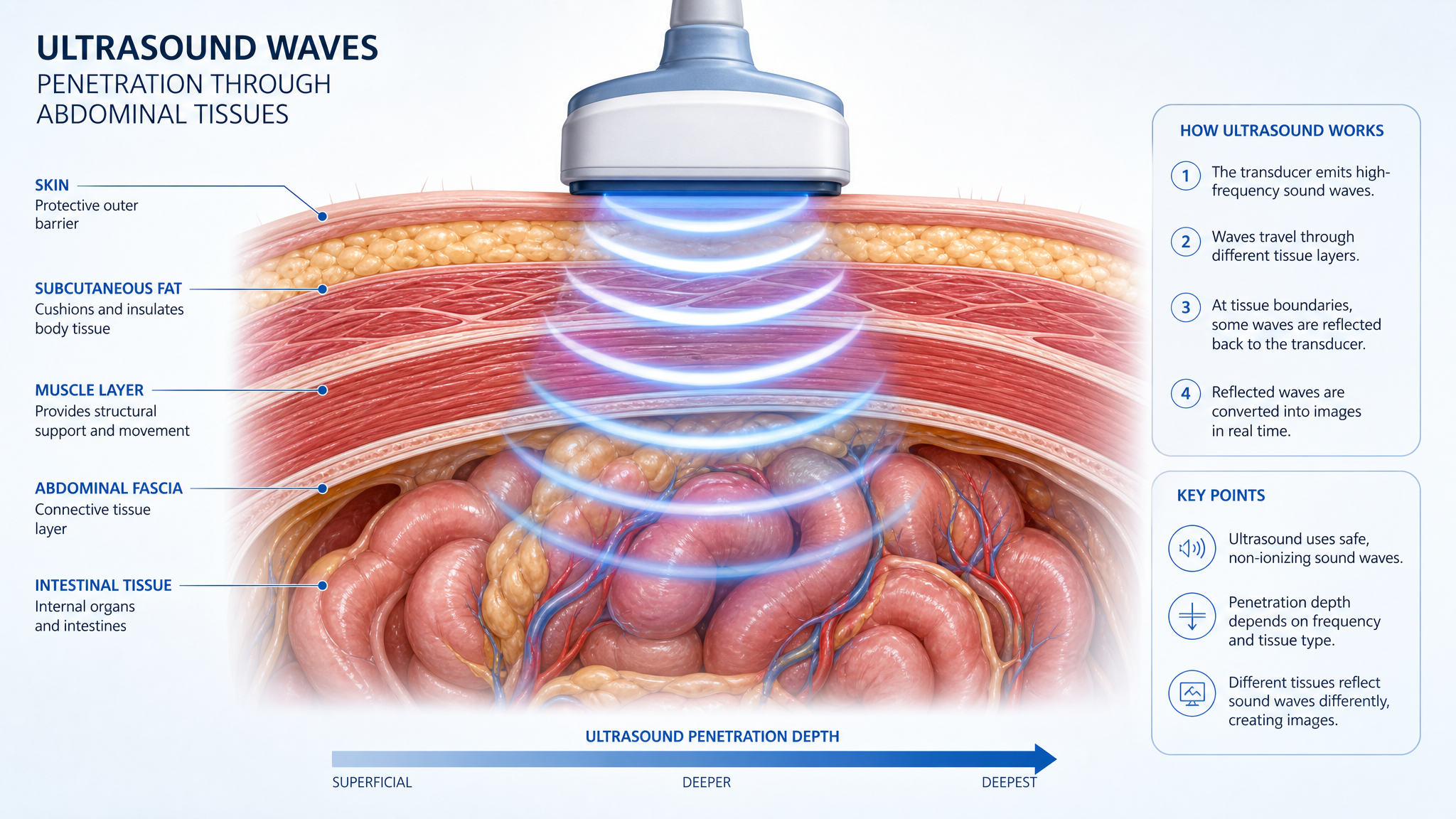 GutTarget ultrasonic waves penetrating abdominal tissue