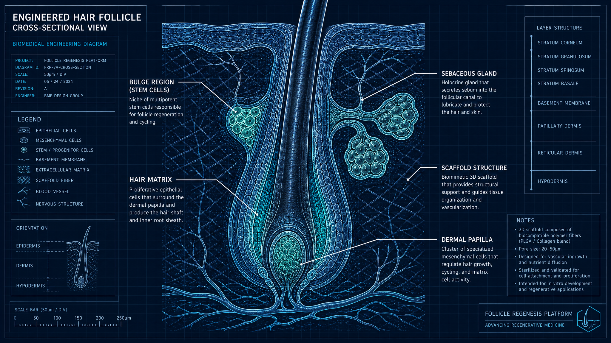 Bio-engineered hair follicle cross-section