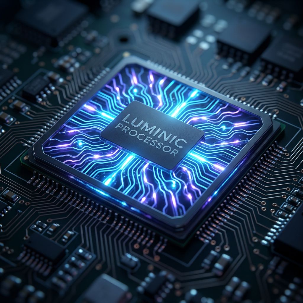 Luminous Processor concept art: a glowing photonic chip on a circuit board