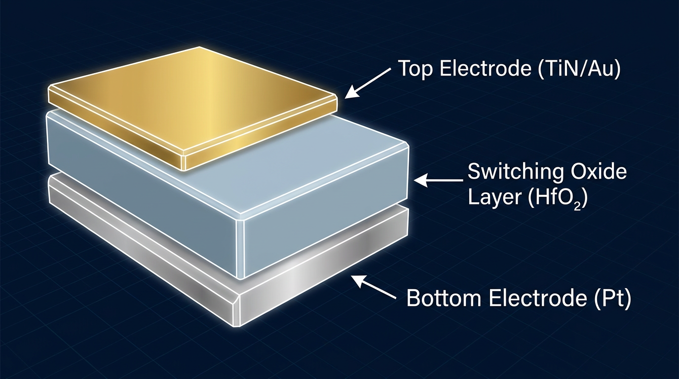 3D cross-section of an RRAM cell showing TE/switching layer/BE MIM stack