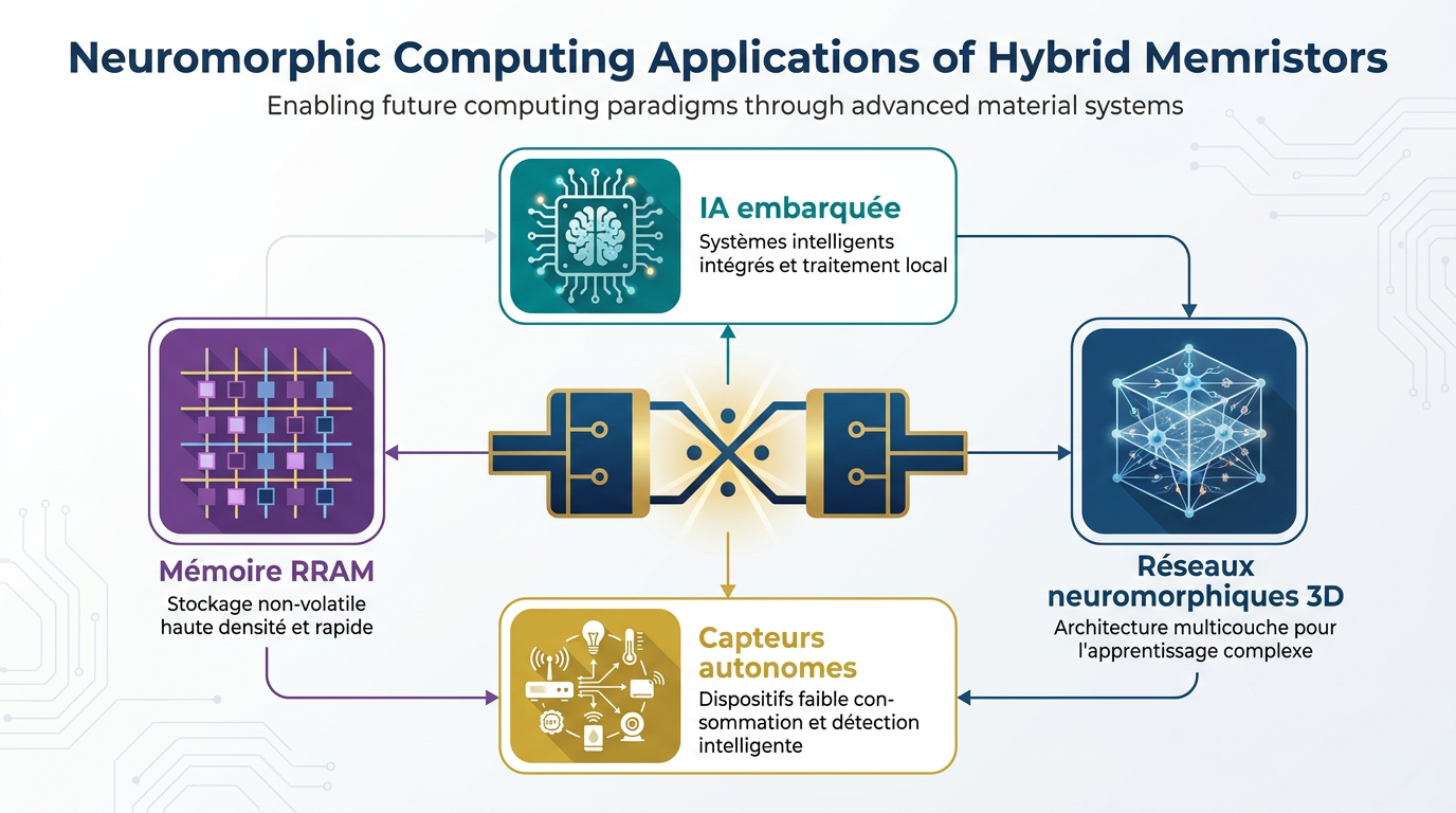 Memristor applications infographic — neuromorphic, CIM, security, IoT
