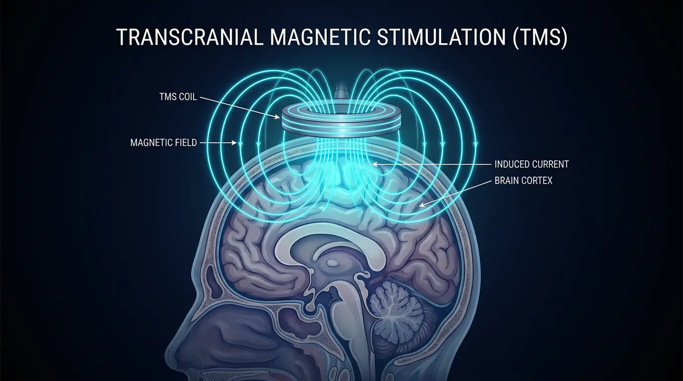 TMS coil over a brain with magnetic field lines