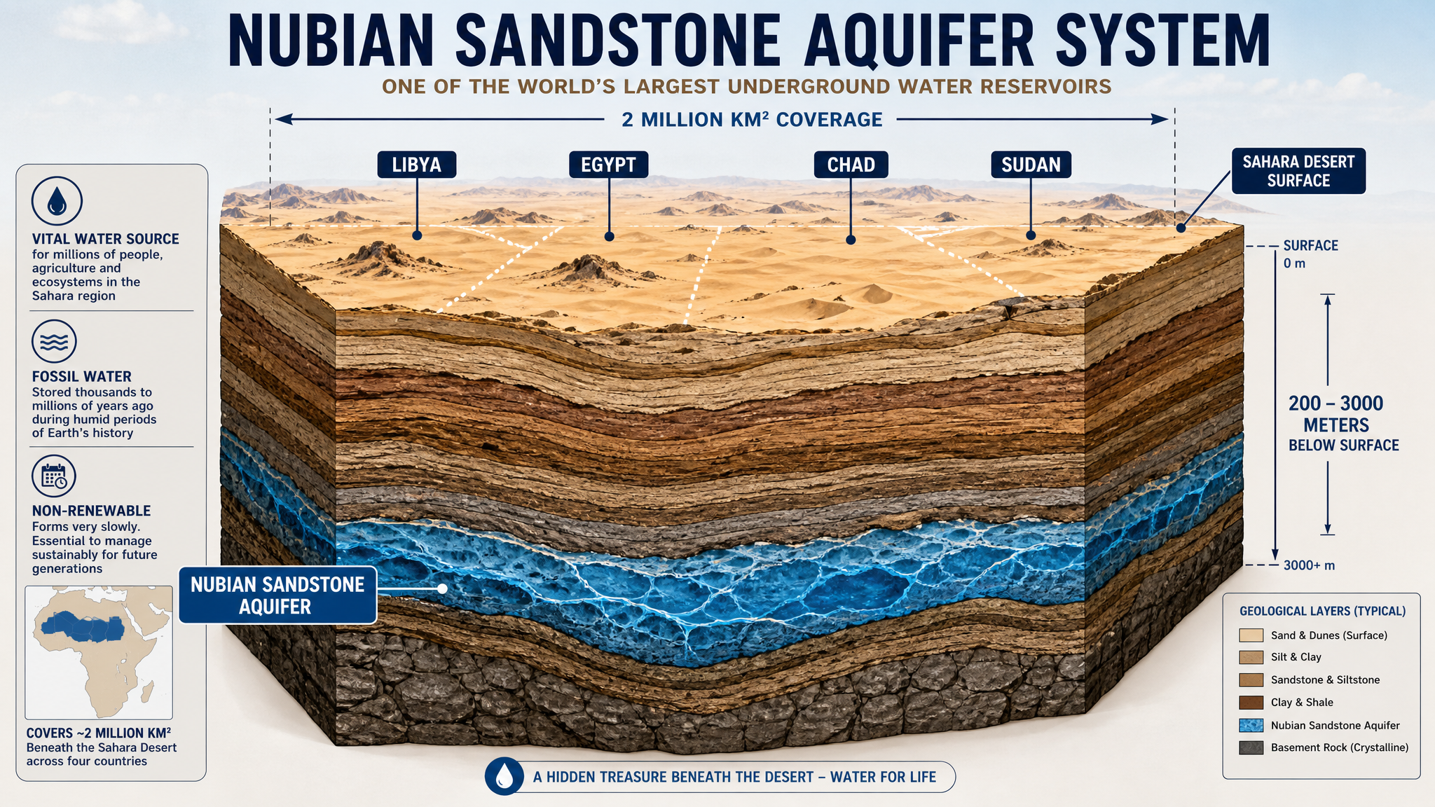 Cross-section diagram of the Nubian Sandstone Aquifer under the Sahara