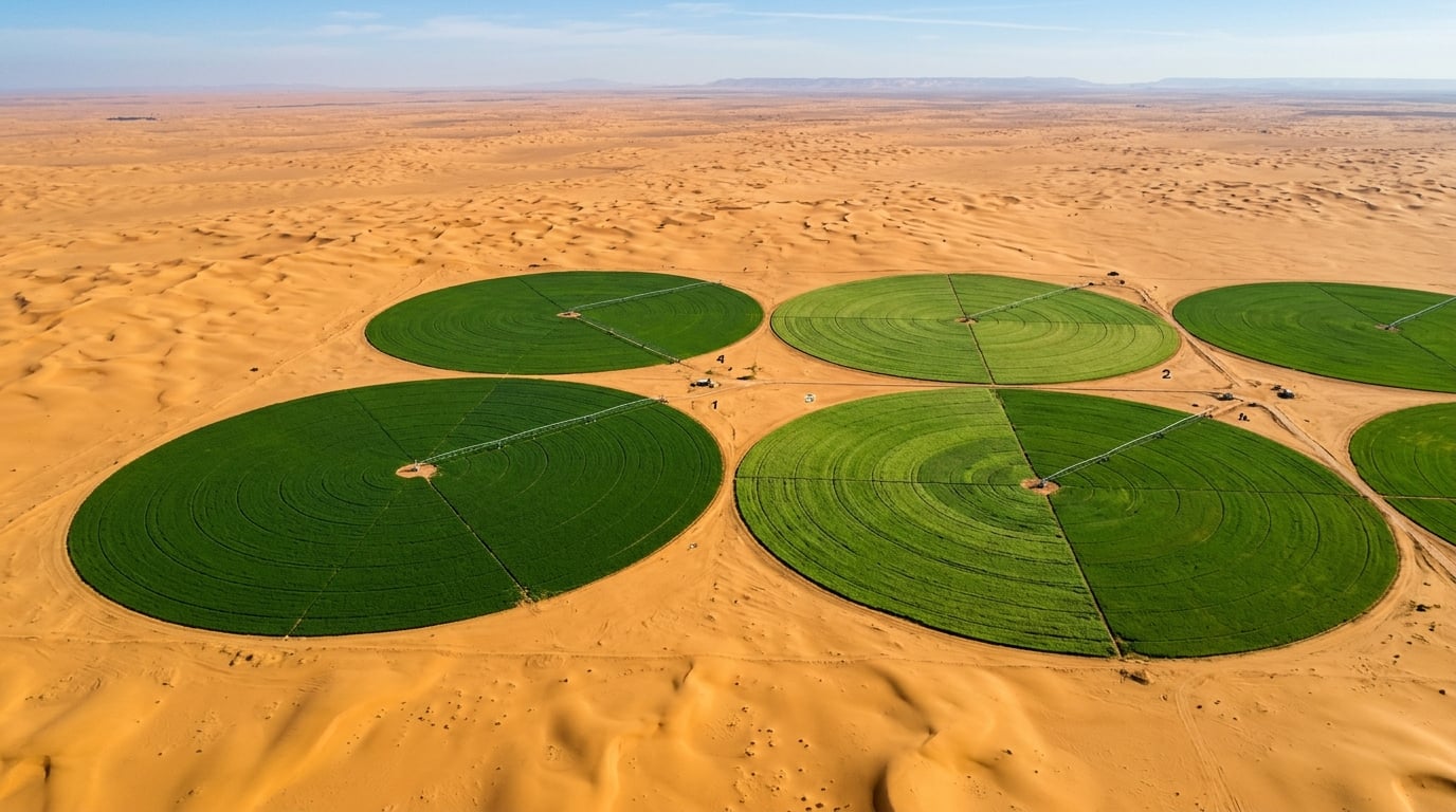 Aerial desert agriculture with circular center-pivot fields