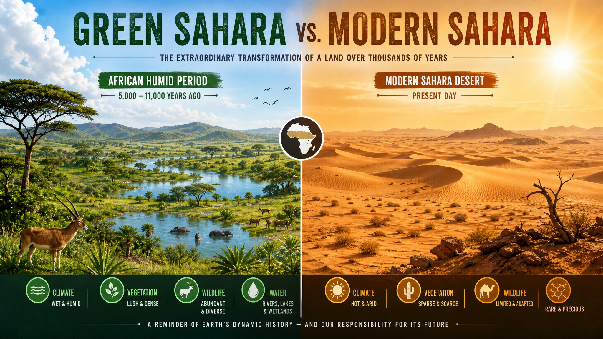 Green Sahara transition illustration with rivers and desert