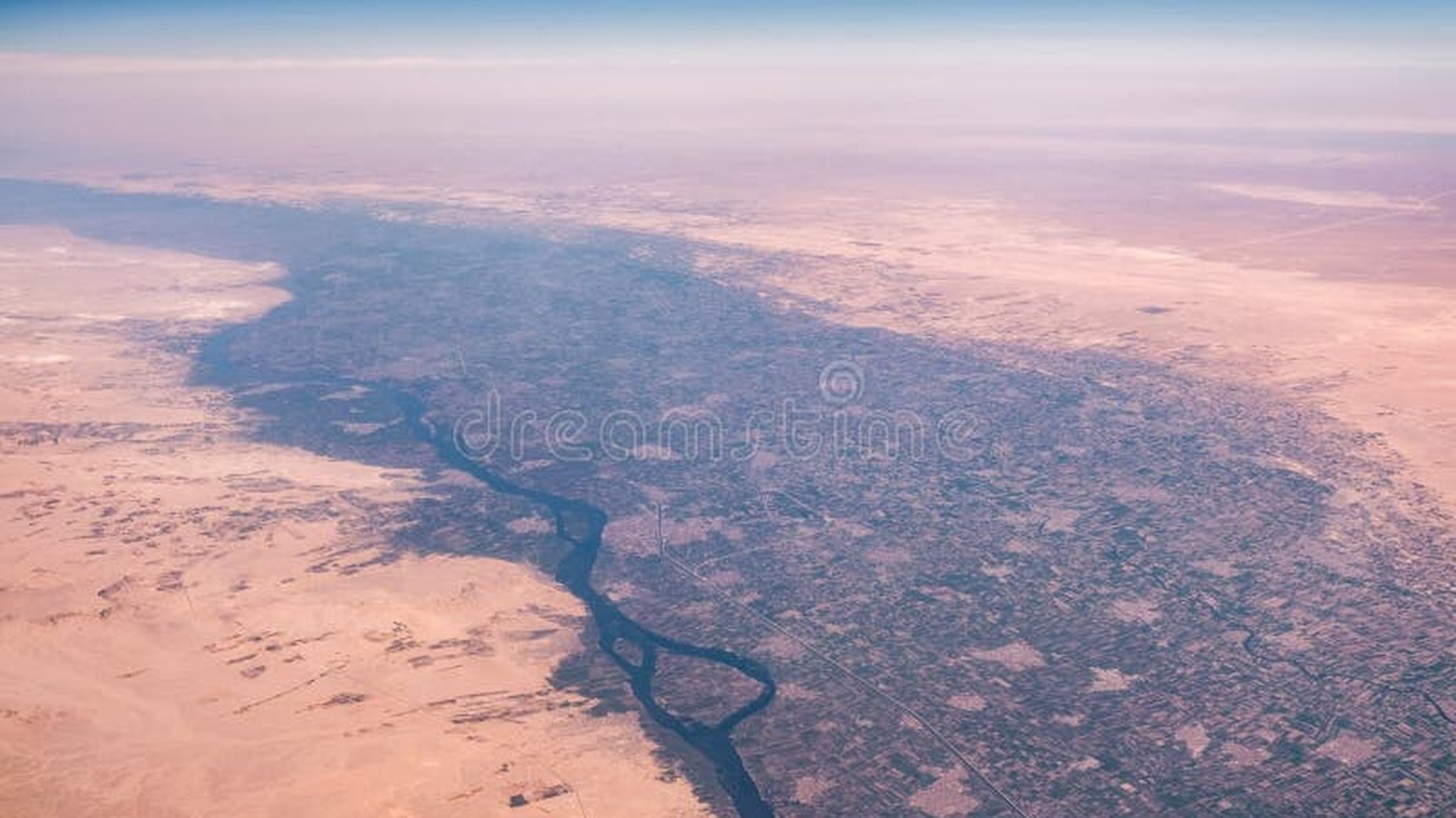 Aerial view of the Nile River near desert and agricultural land