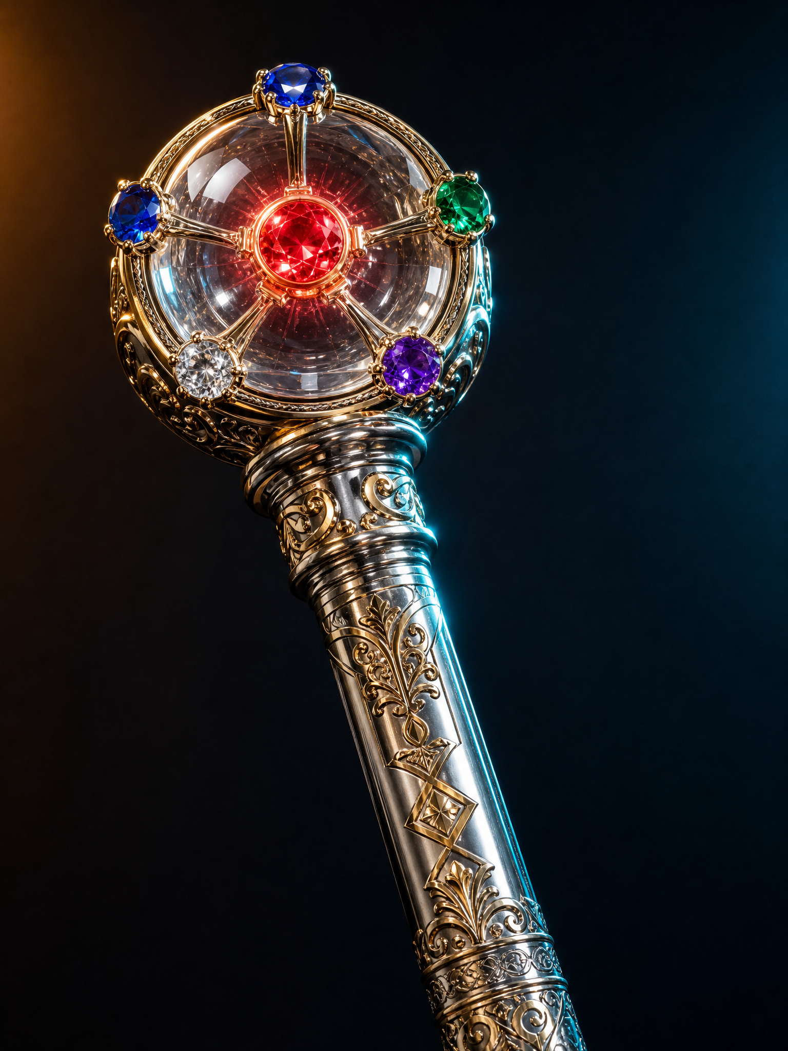 SeaSar scepter in steel and gold, quartz-sphere pommel set with colored gems and a central red ruby