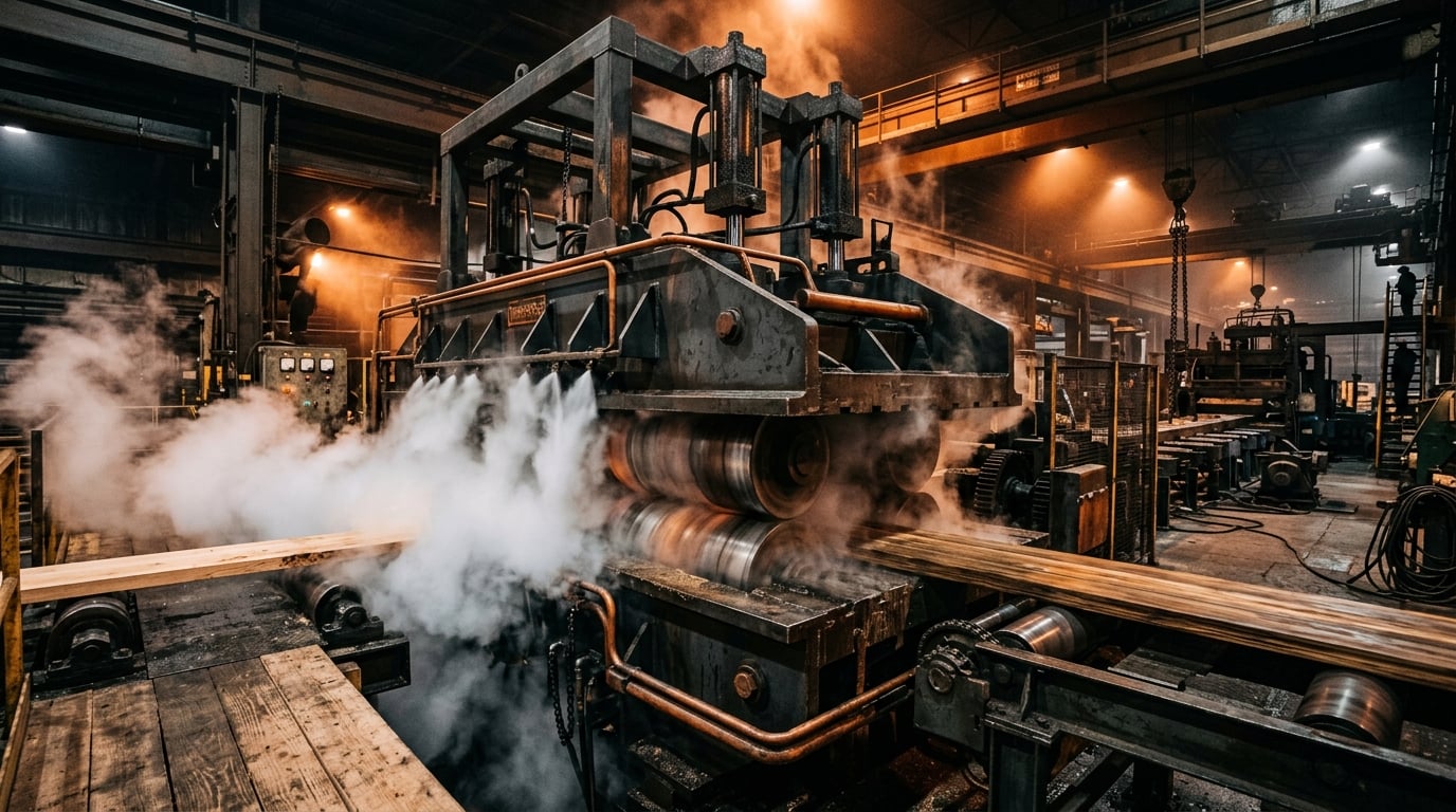 Industrial lumber rolling mill with two steel clamping plates, hydraulic cylinders, hot steam jets at the input, and cool rollers compressing a 2×6 board