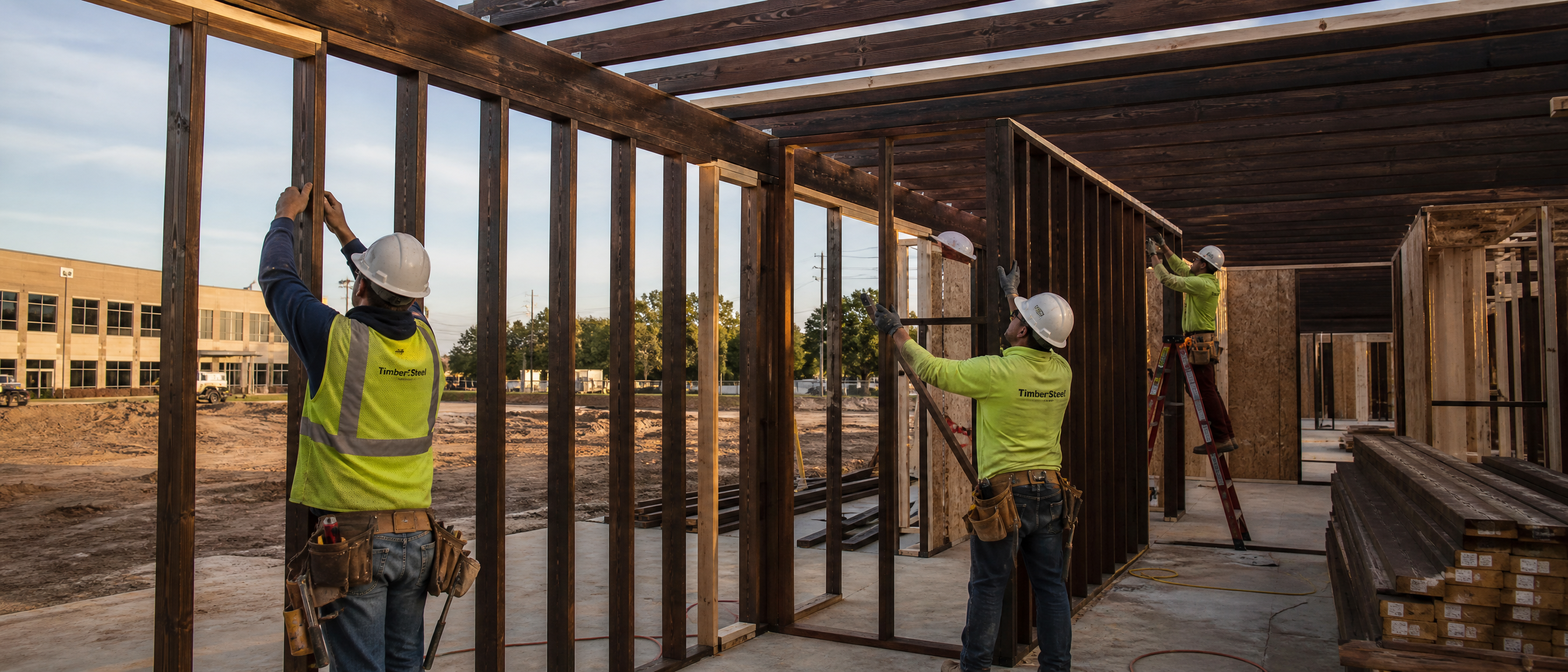 Construction site with workers installing TimberSteel-hardened dimensional lumber in building framing