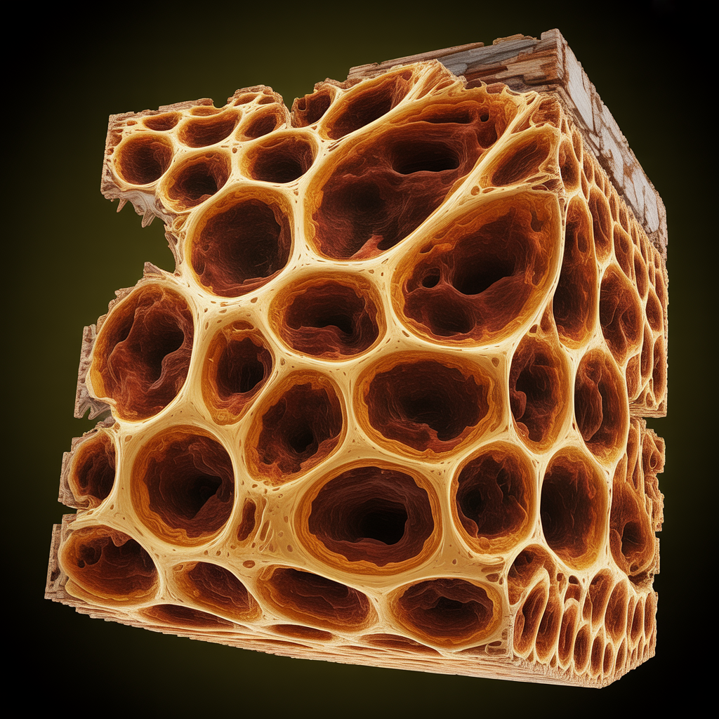SEM microscope cross-section of densified wood showing compressed cellular structure after steam-plasticized roller mill treatment