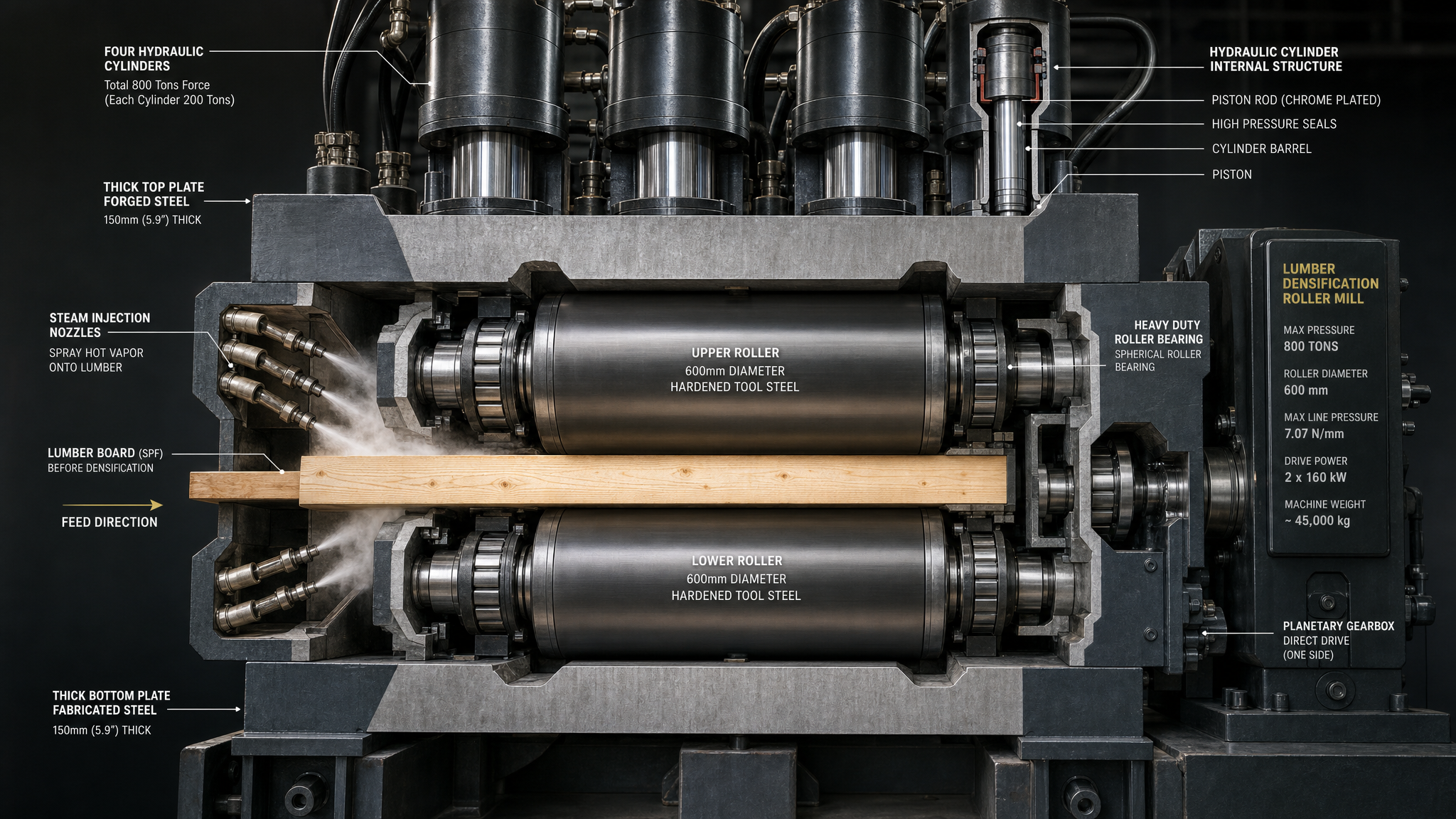 TimberSteel plate-bracket roller mill cross-section cutaway