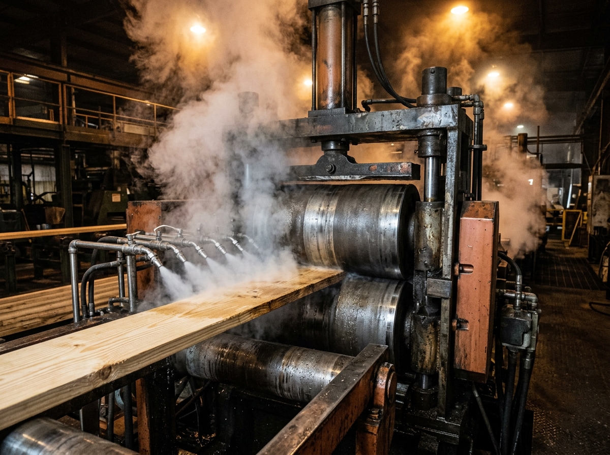 Close-up of hot steam jets blasting a lumber board entering the cool rollers of the TimberSteel mill