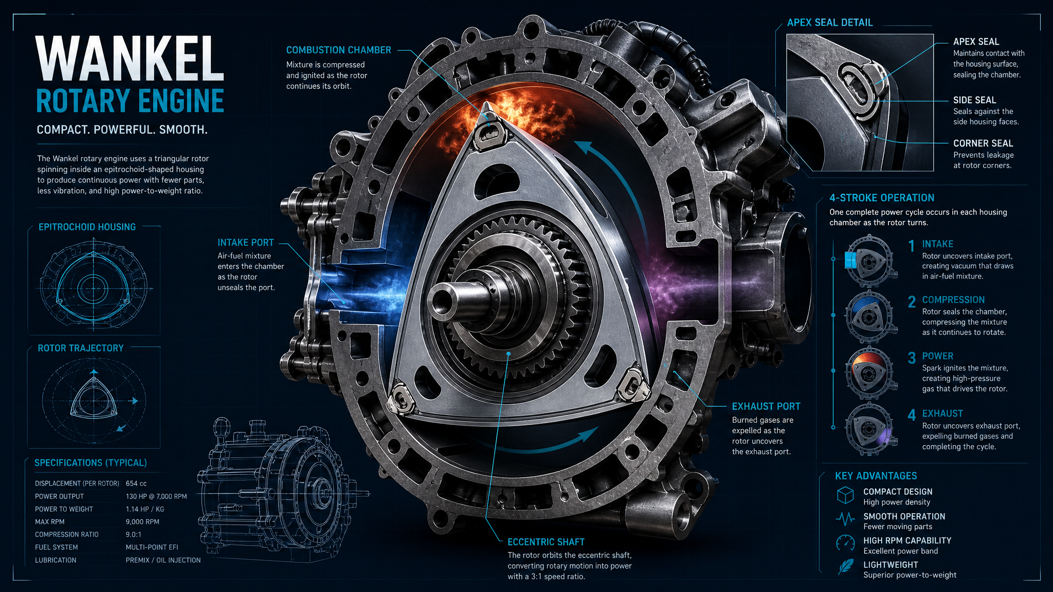 Cutaway view of a Wankel rotary engine showing the triangular rotor inside the epitrochoid housing